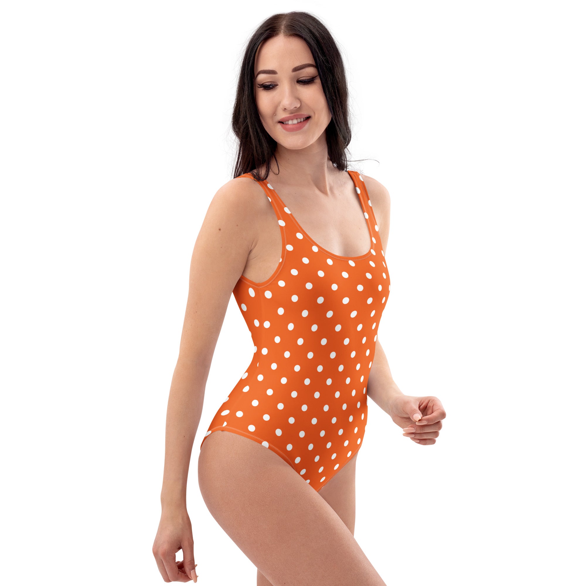 Women's Orange Polka Dot Buttery Soft Swimsuit With UPF 50+