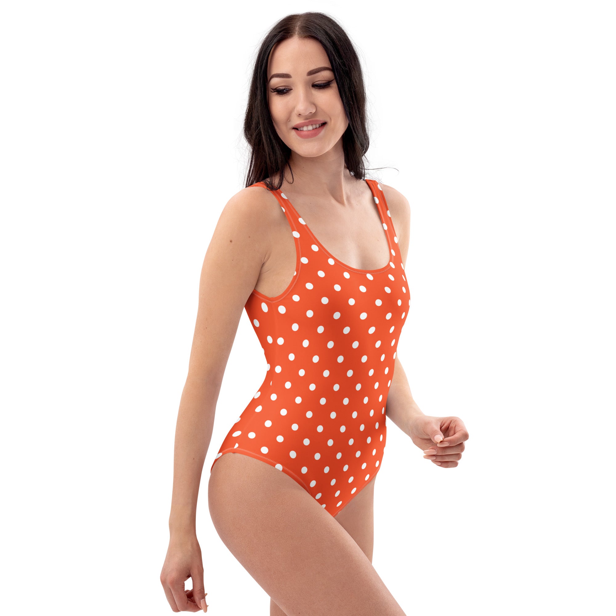 Women's Bright Orange Polka Dot Buttery Soft Swimsuit With UPF 50+