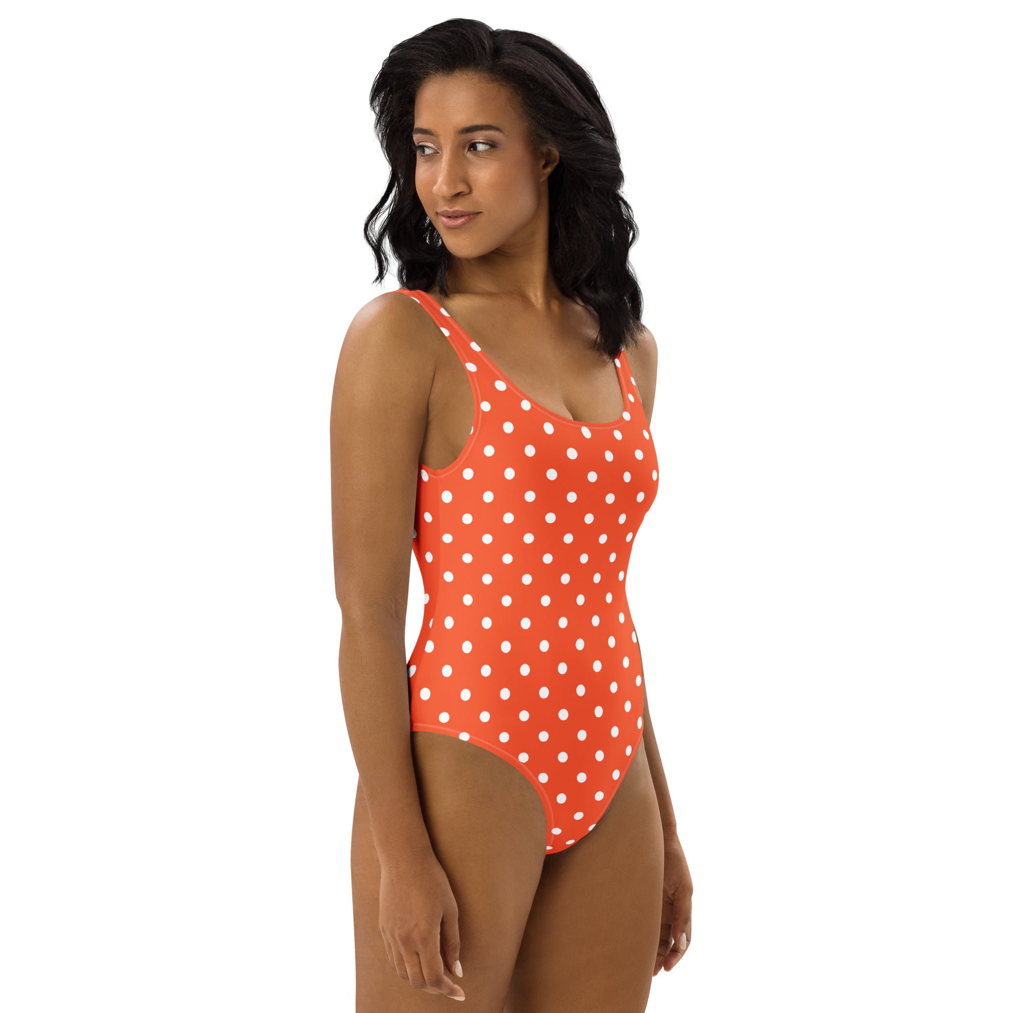 Women's Bright Orange Polka Dot Buttery Soft Swimsuit With UPF 50+