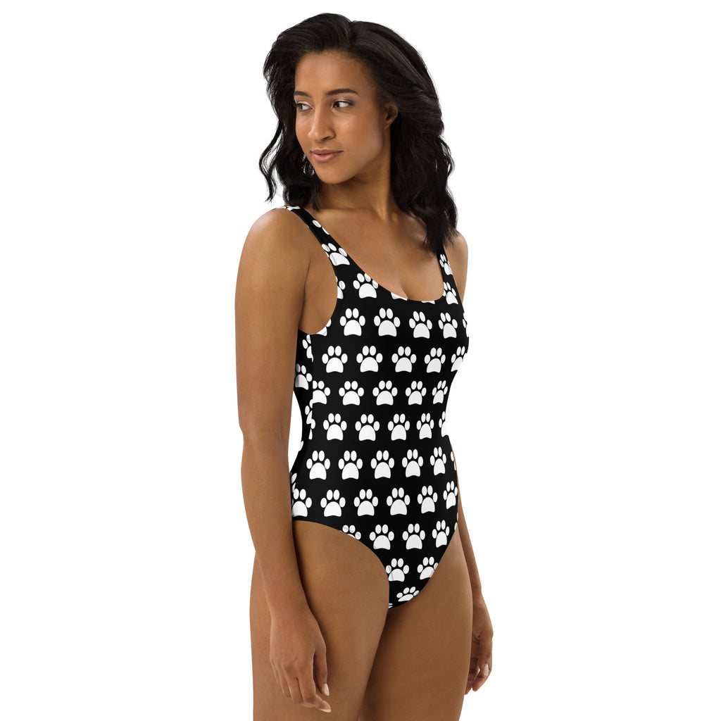 Women's Black Paw Print Buttery Soft Swimsuit With UPF 50+