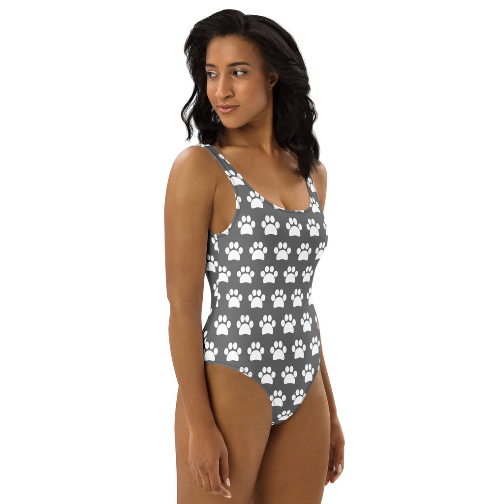 Women's Gray Paw Print Buttery Soft Swimsuit With UPF 50+
