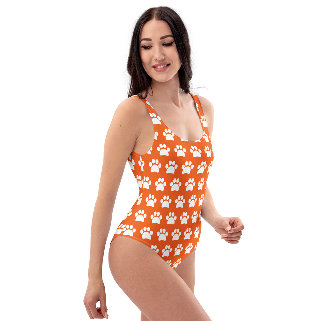 Women's Orange Paw Print Buttery Soft Swimsuit With UPF 50+