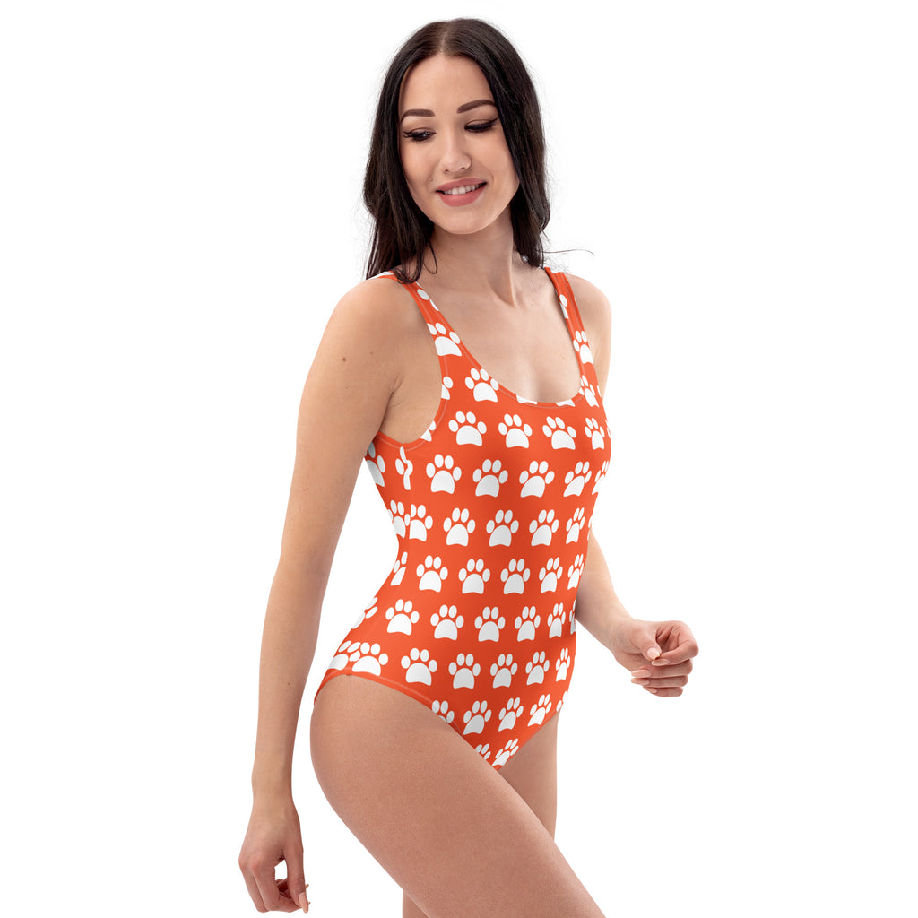 Women's Bright Orange Paw Print Buttery Soft Swimsuit With UPF 50+