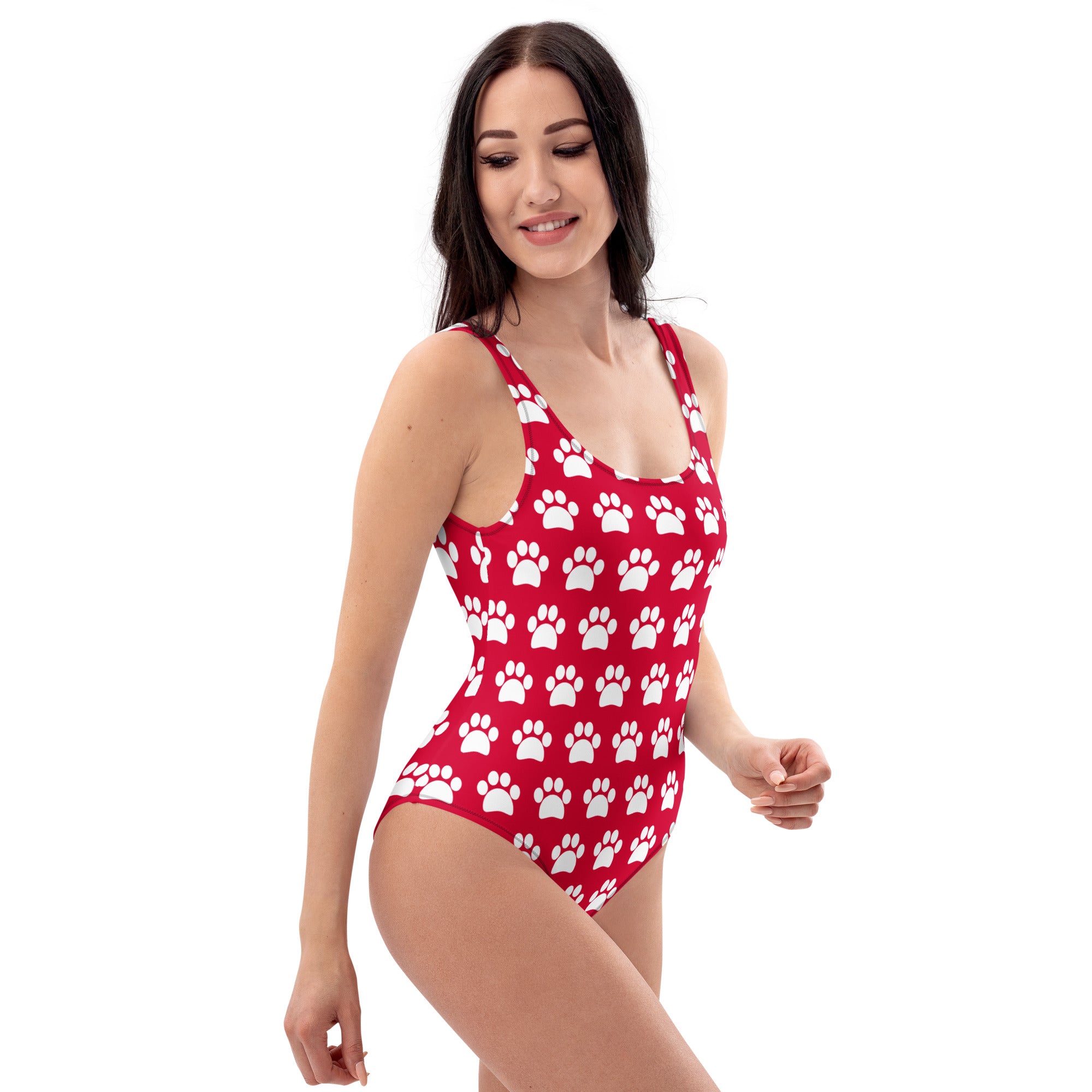 Women's Cherry Red Paw Print Buttery Soft Swimsuit With UPF 50+