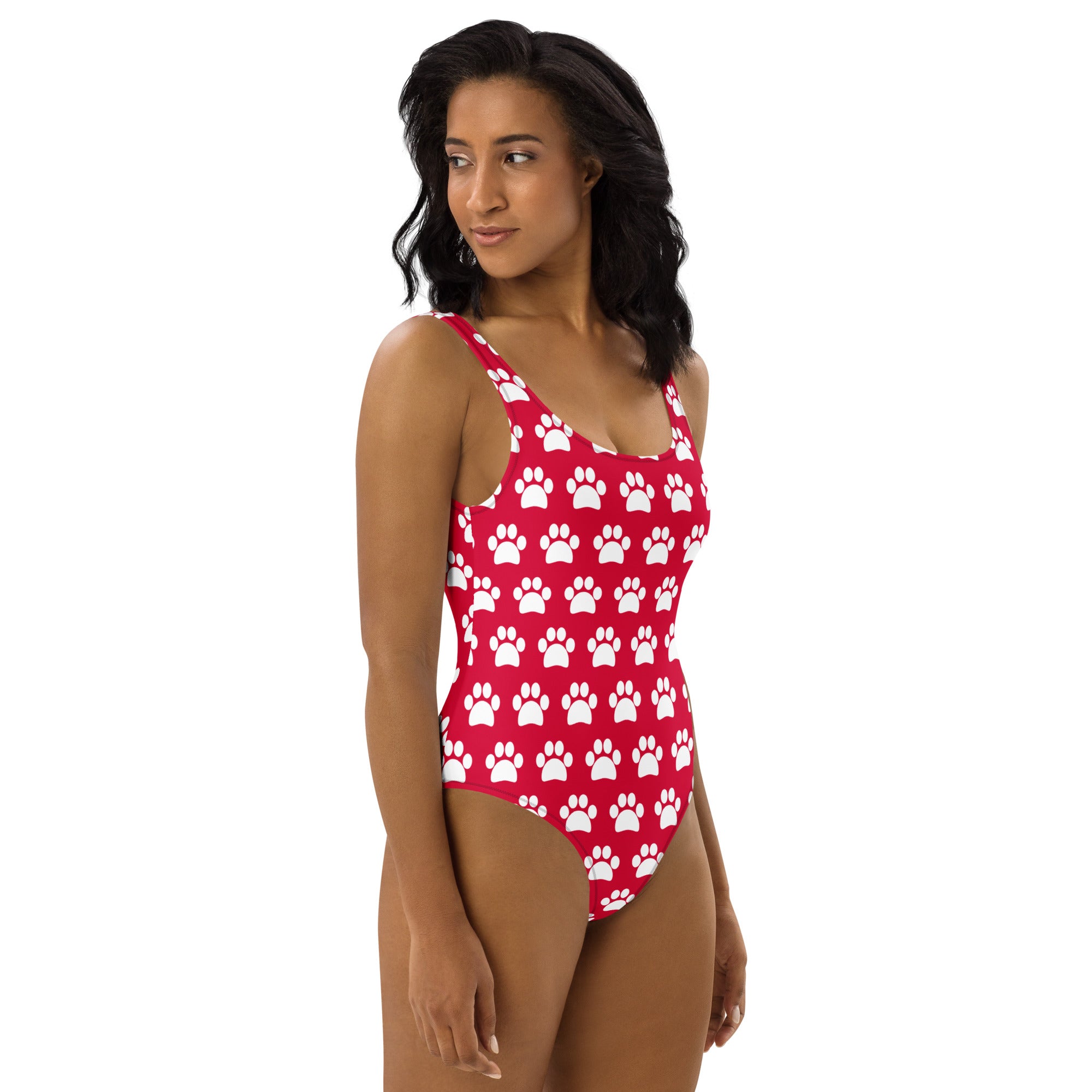 Women's Cherry Red Paw Print Buttery Soft Swimsuit With UPF 50+