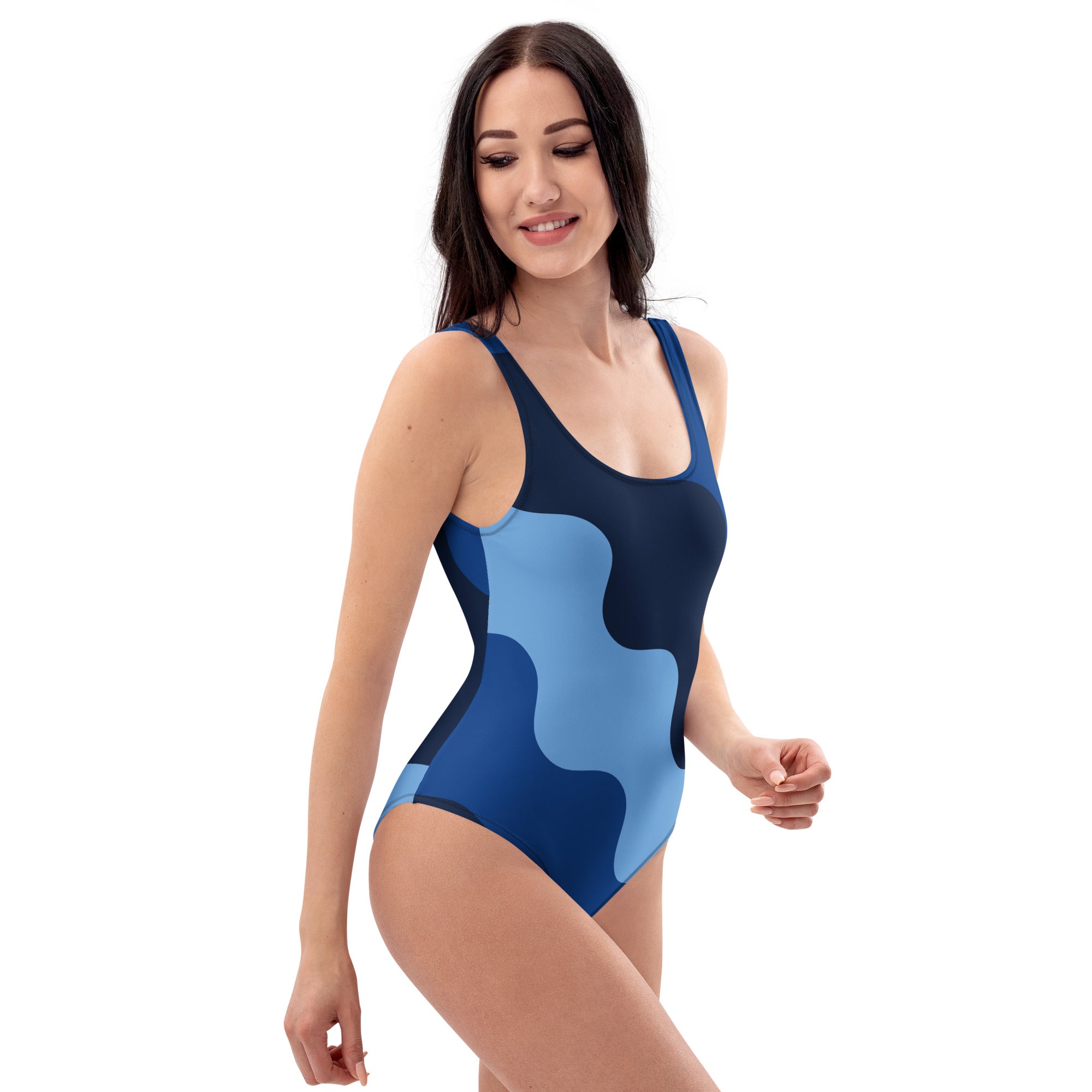 Women's Blue Abstract Wave Buttery Soft Swimsuit With UPF 50+