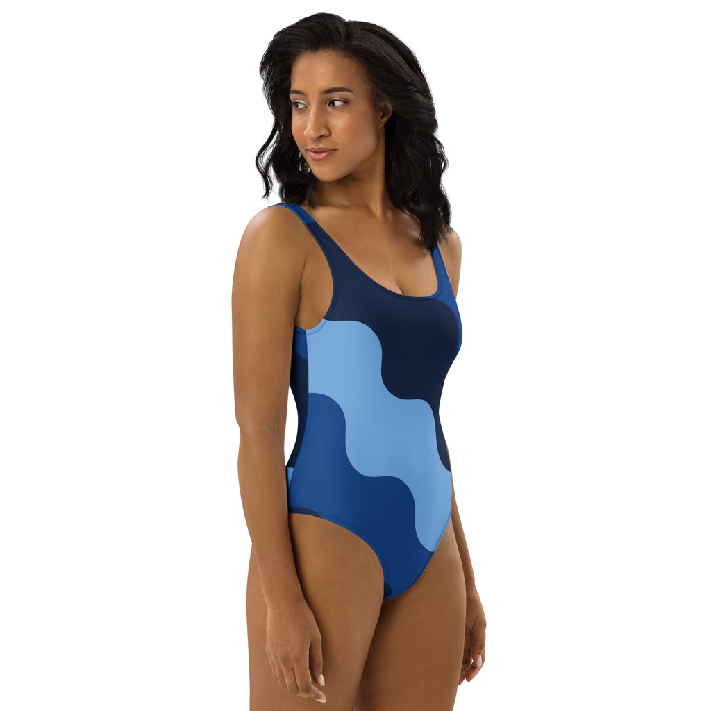 Women's Blue Abstract Wave Buttery Soft Swimsuit With UPF 50+