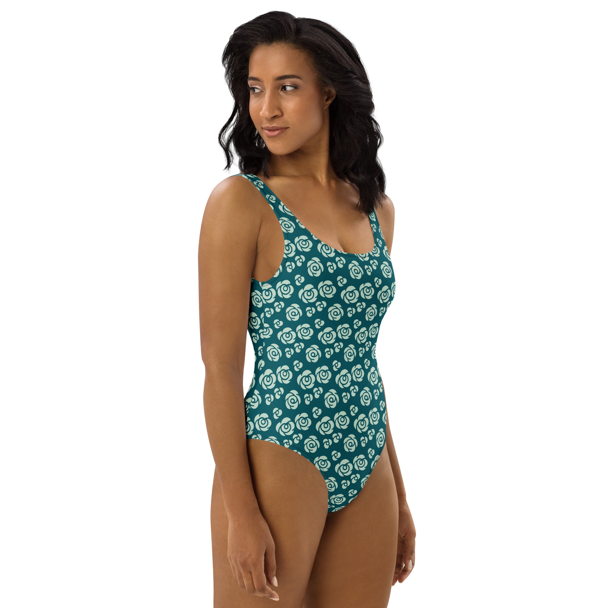 Women's Teal Rose Pattern Buttery Soft Swimsuit With UPF 50+