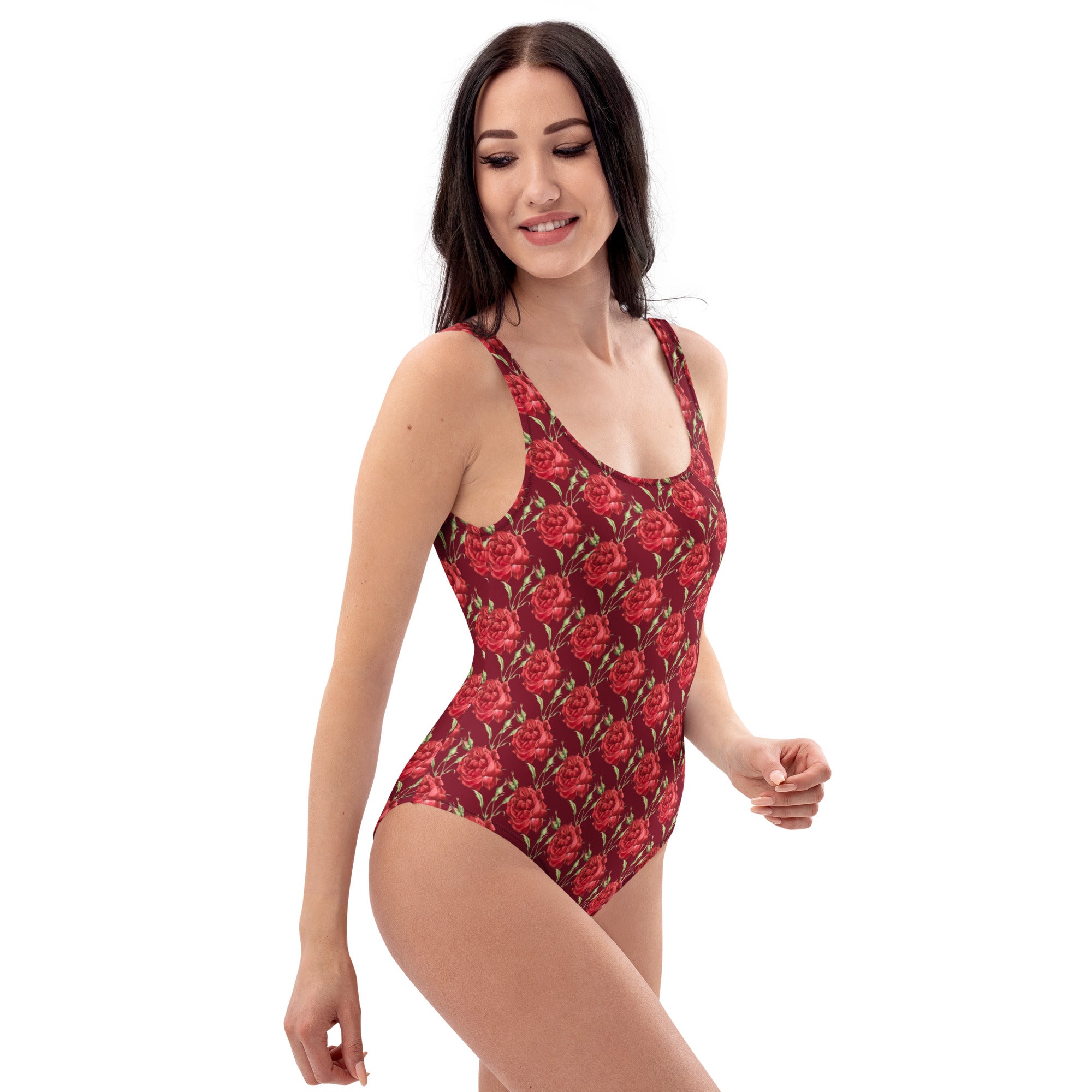 Women's Red Rose Floral Buttery Soft Swimsuit With UPF 50+