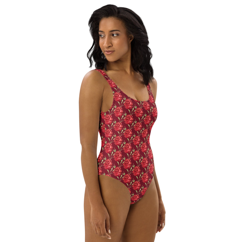 Women's Red Rose Floral Buttery Soft Swimsuit With UPF 50+