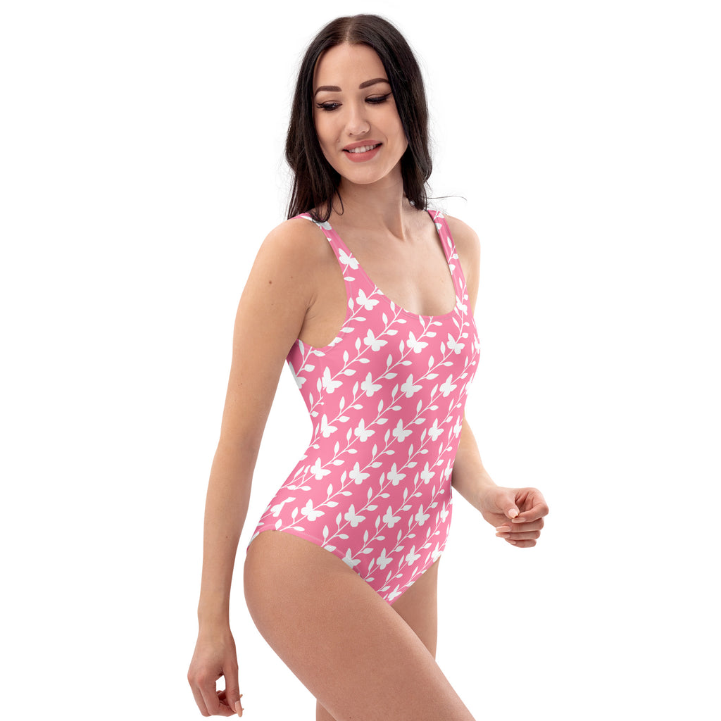 Women's Pink Butterfly and Leaf Buttery Soft Swimsuit With UPF 50+