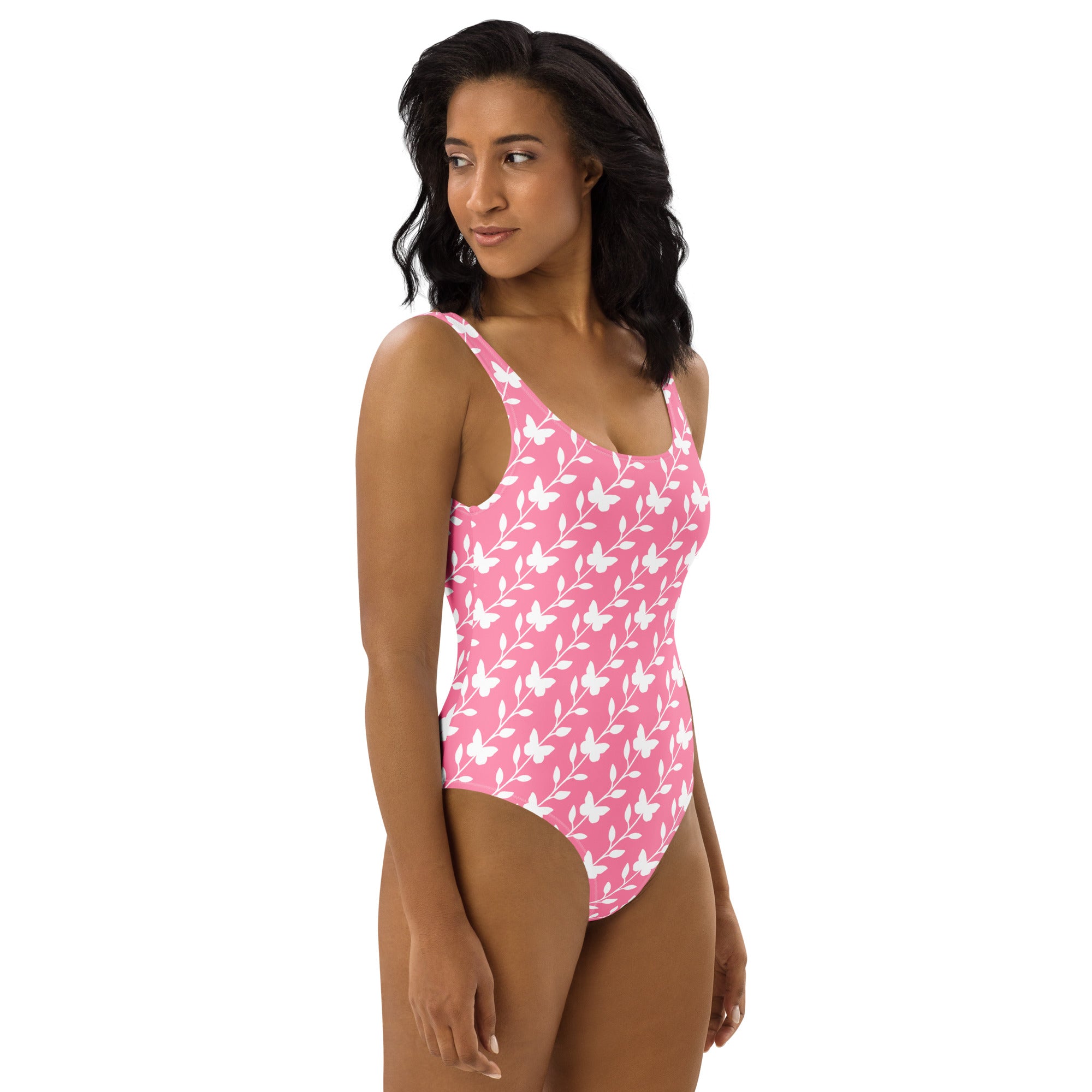 Women's Pink Butterfly and Leaf Buttery Soft Swimsuit With UPF 50+
