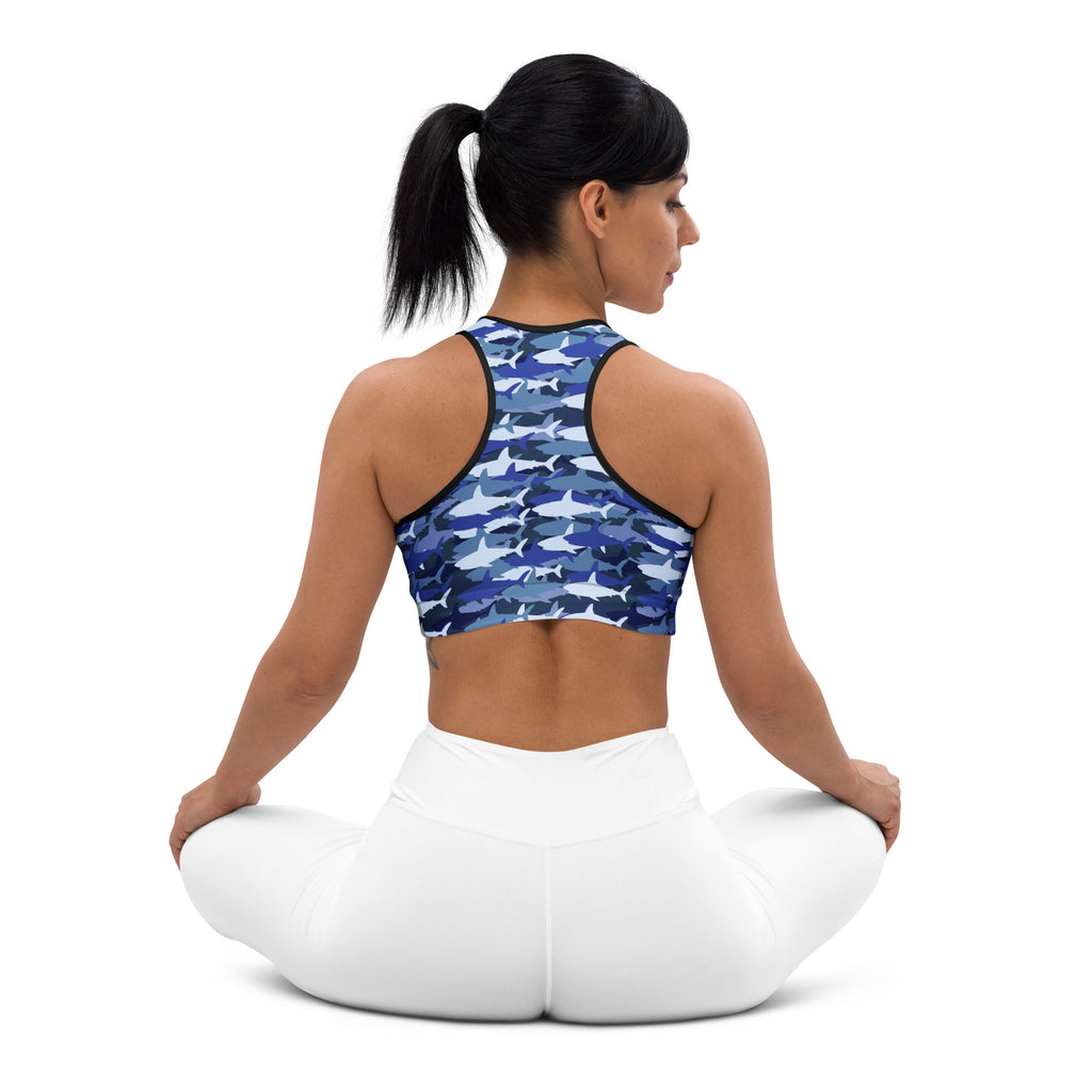 Women’s blue and white shark-patterned padded sports bra with black trim buttery soft supportive and quick-dry