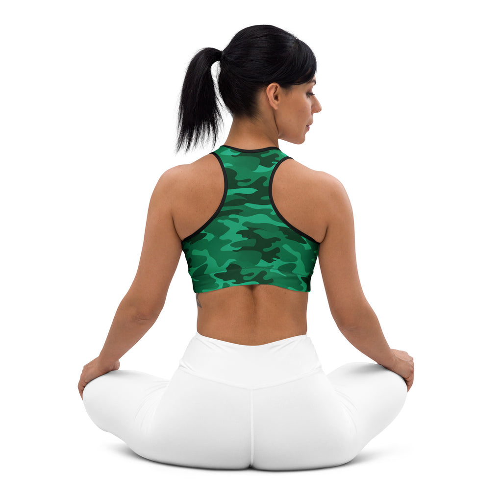 Women’s green camouflage padded sports bra with black trim buttery soft supportive quick-dry material