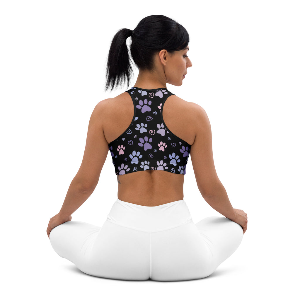Black women’s paw print padded sports bra with purple and pink paw prints white hearts buttery soft quick-dry
