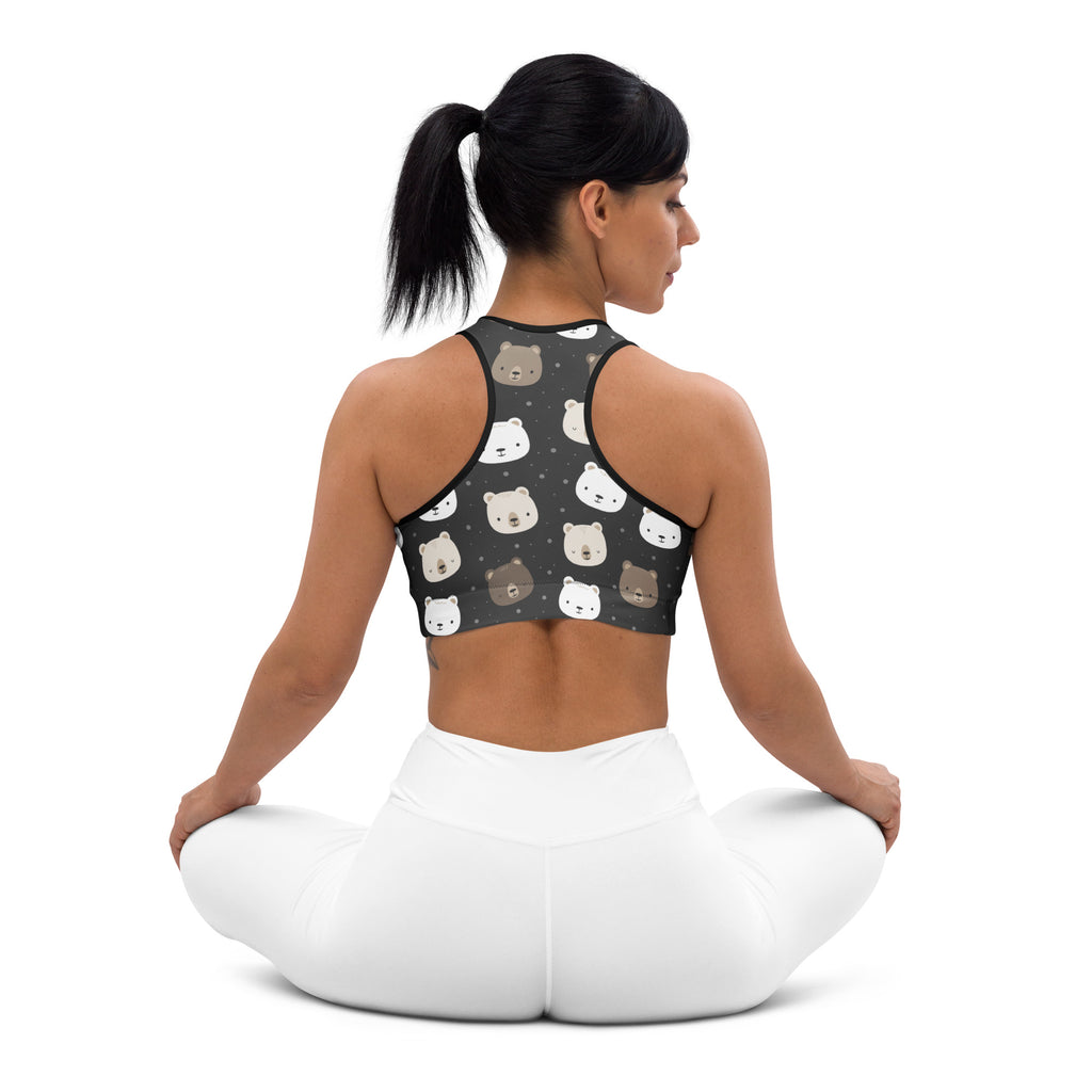 Black women’s padded sports bra with playful white and brown bear faces on dark gray quick-dry fabric