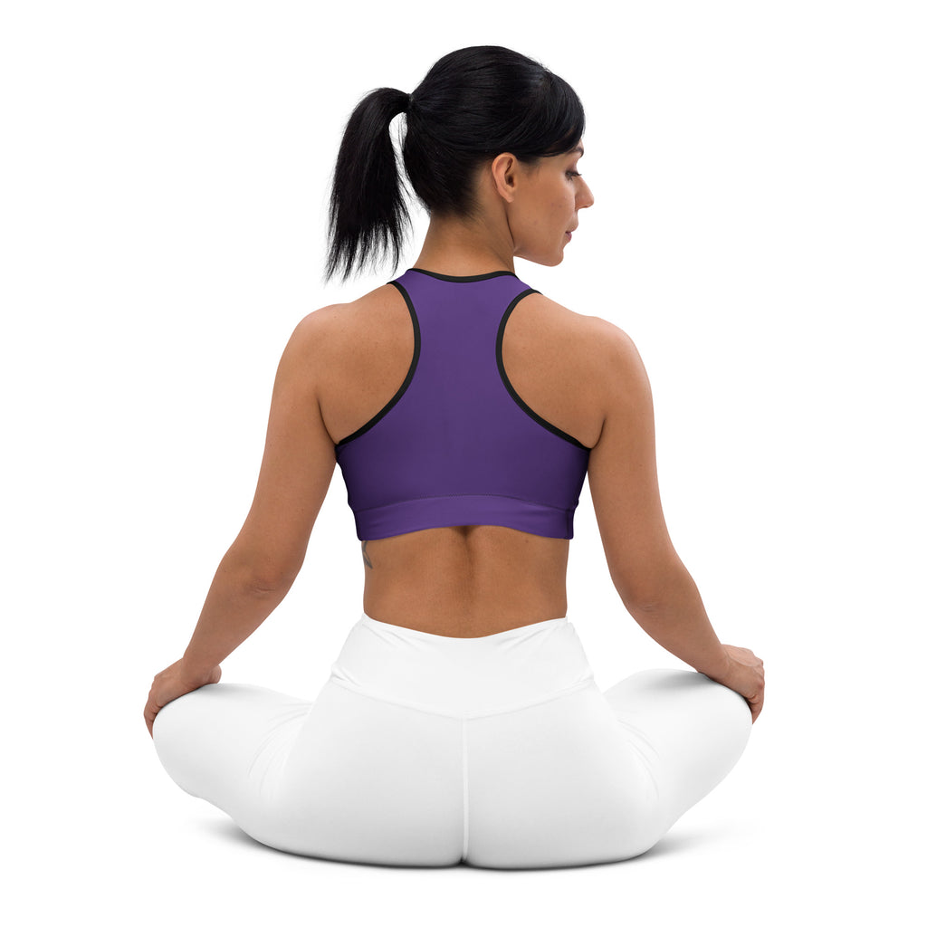 Women’s dark purple padded sports bra with black trim buttery soft supportive quick-dry fabric for active use