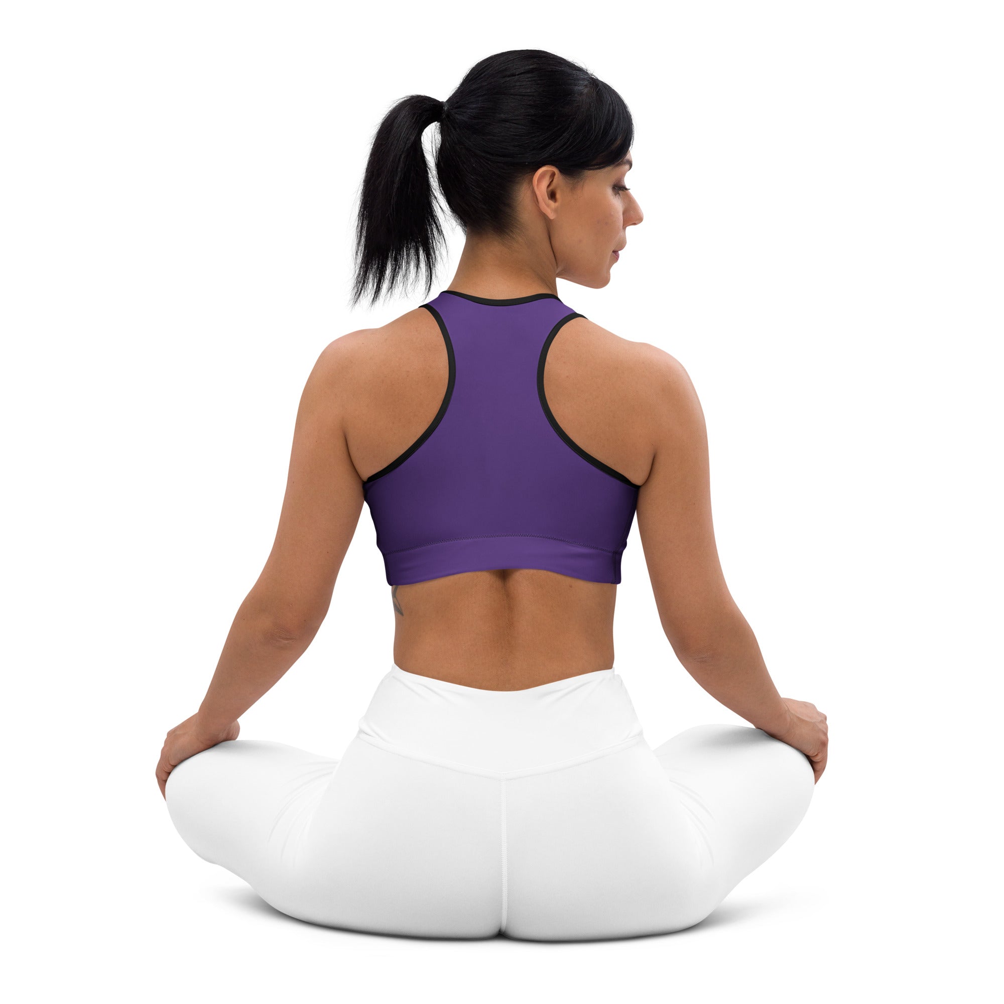 Women’s dark purple padded sports bra with black trim buttery soft supportive quick-dry fabric for active use