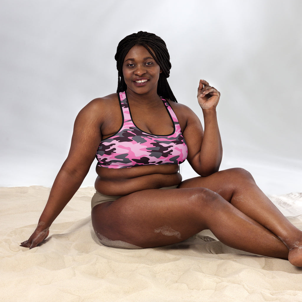 Women’s pink and black camouflage padded sports bra with halter neckline soft supportive quick-dry fabric