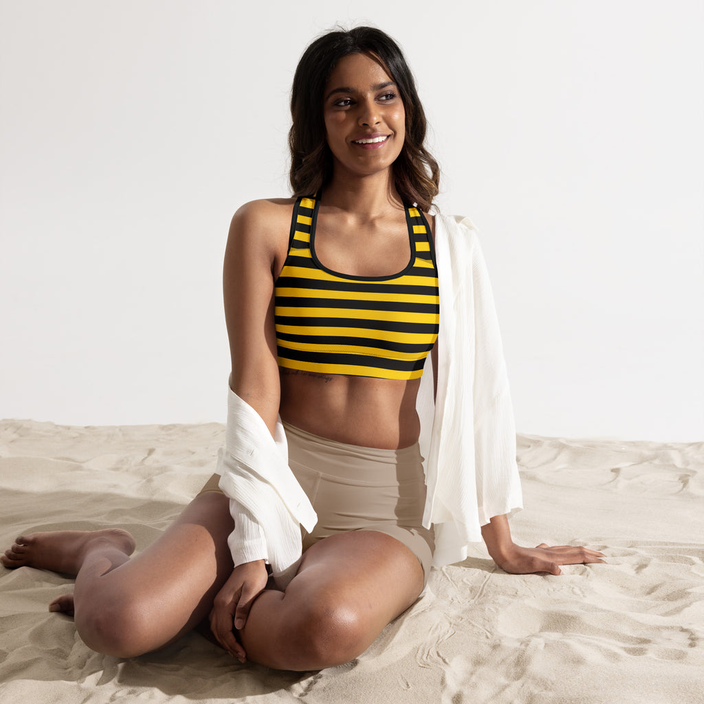 Yellow and black striped women’s bee stripes padded sports bra with halter neckline buttery soft supportive quick-dry