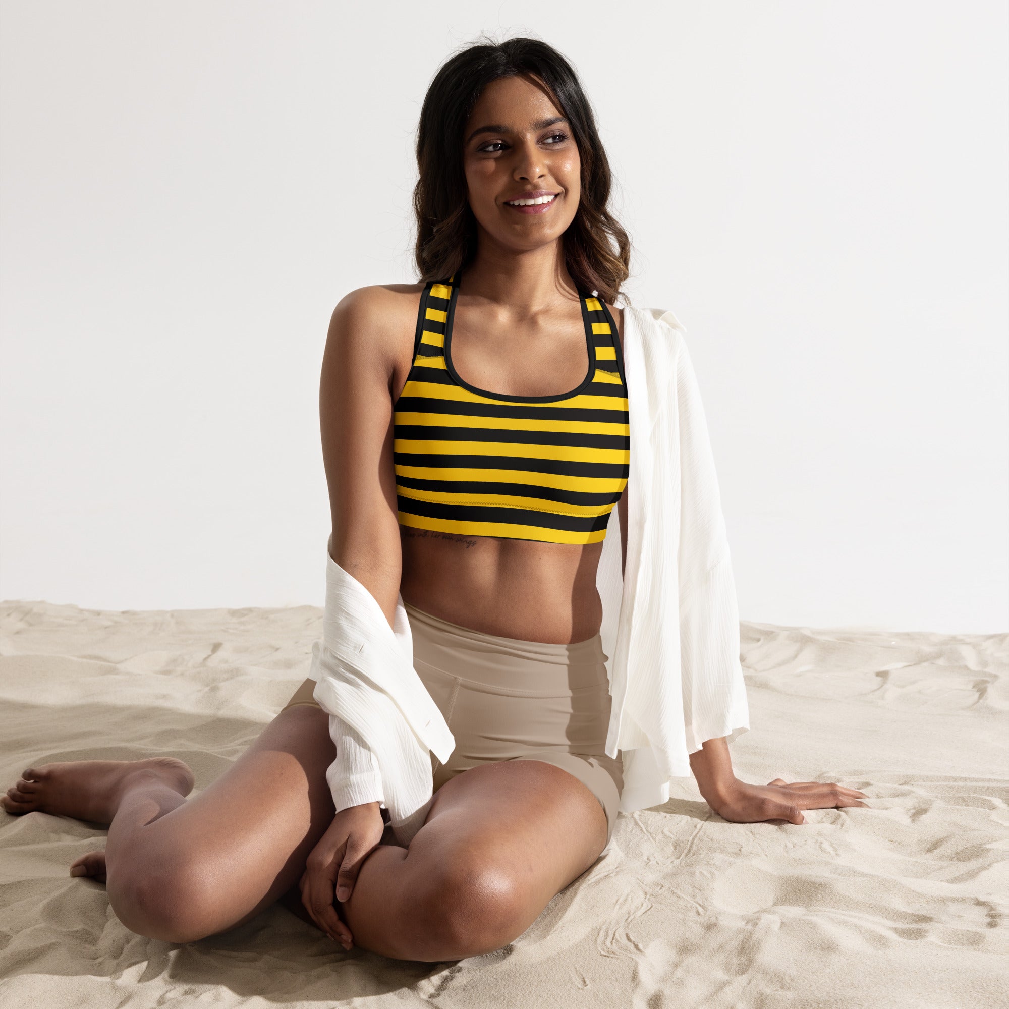 Yellow and black striped women’s bee stripes padded sports bra with halter neckline buttery soft supportive quick-dry