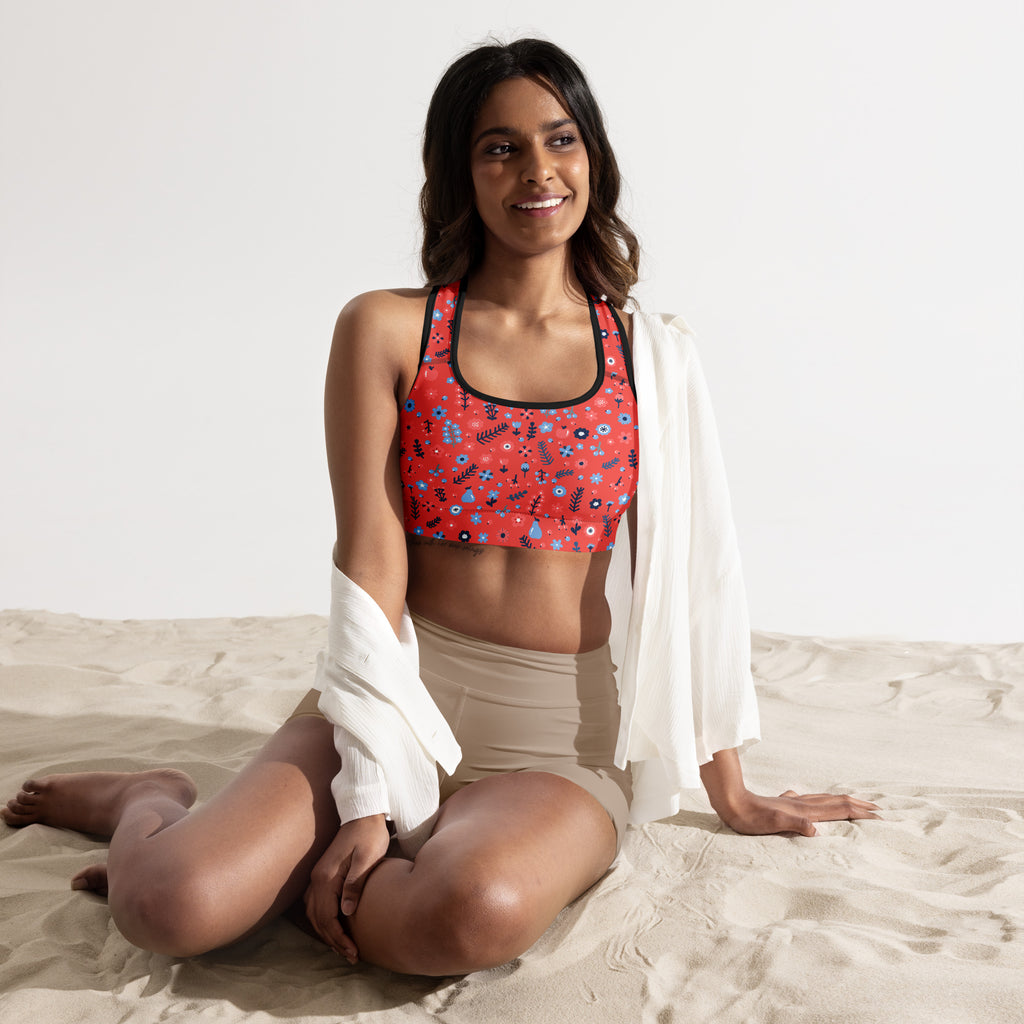 Women’s red floral padded sports bra with black trim buttery soft supportive and quick-dry material front view