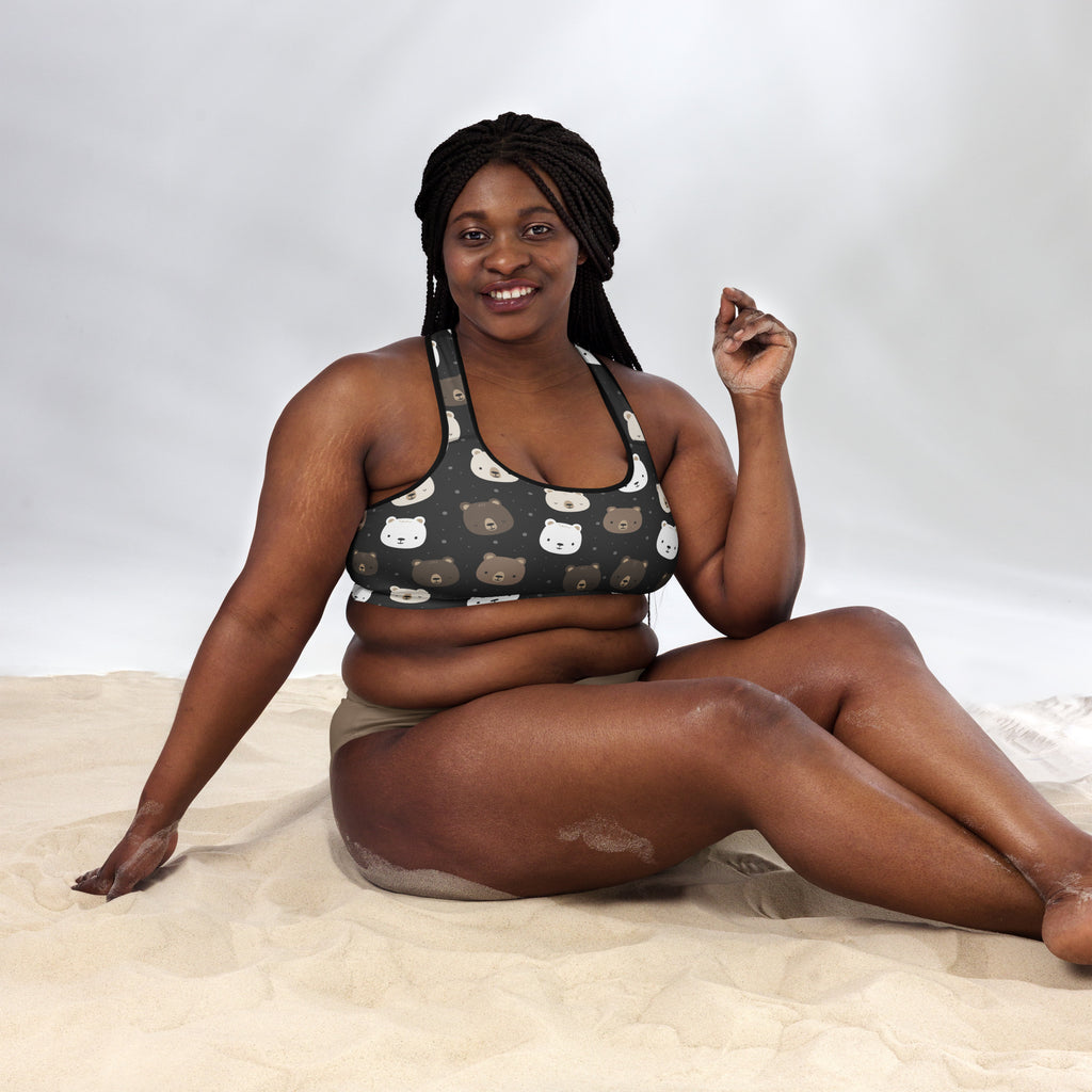 Women’s black bear print padded sports bra with white and brown bear faces buttery soft supportive quick dry
