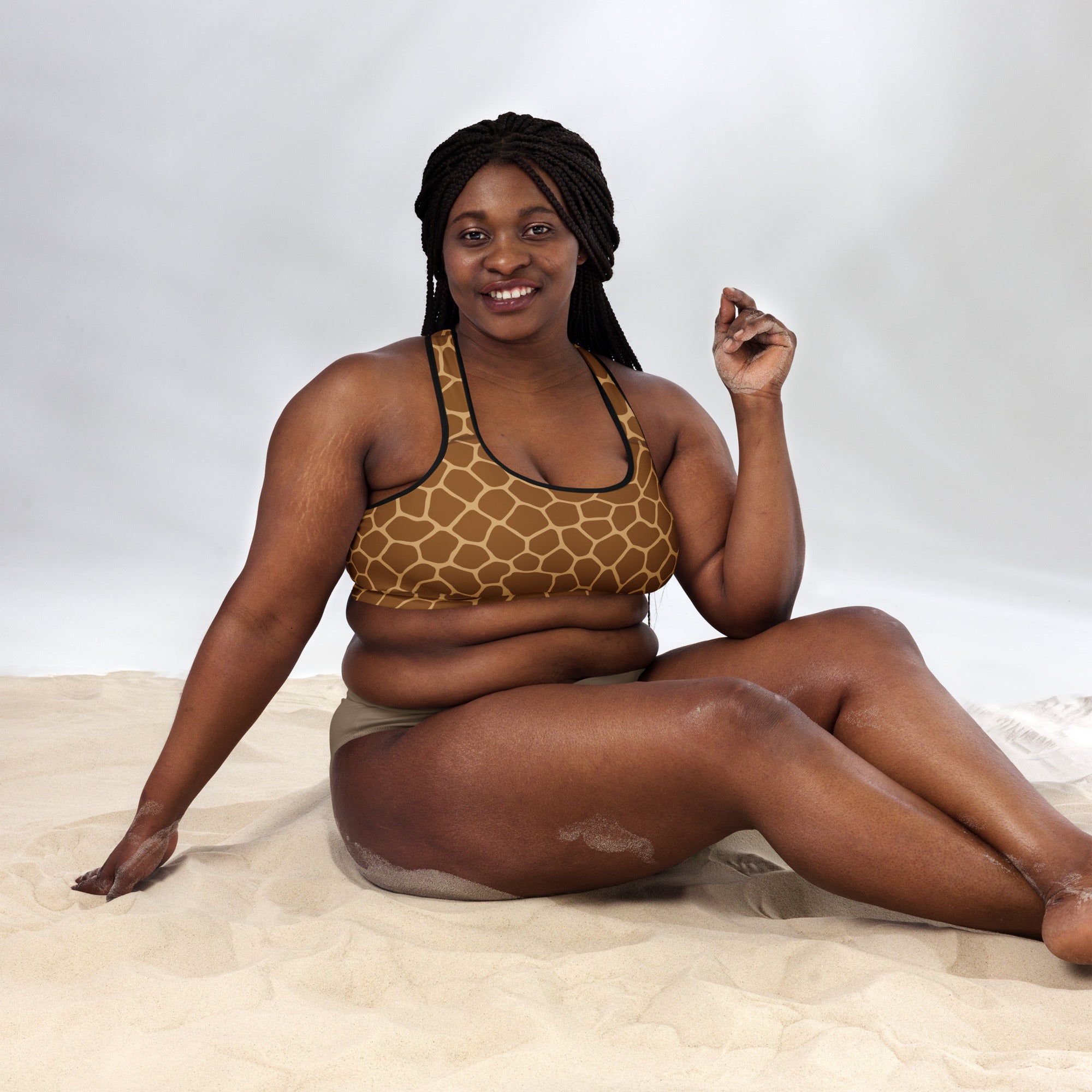 Women’s giraffe print padded sports bra in tan and black with buttery soft supportive quick-dry stretchy fabric