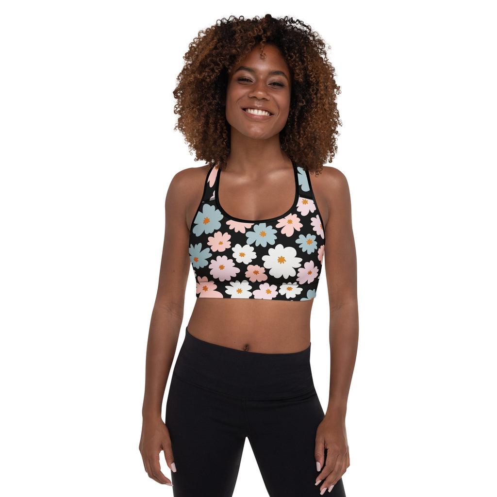 Black women’s retro floral padded sports bra with pastel daisies buttery soft supportive and quick-dry fabric