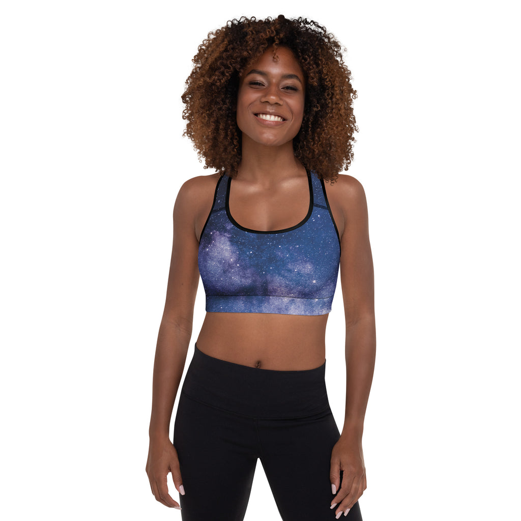 Blue galaxy-print padded sports bra with black trim buttery soft supportive and quick-dry for women