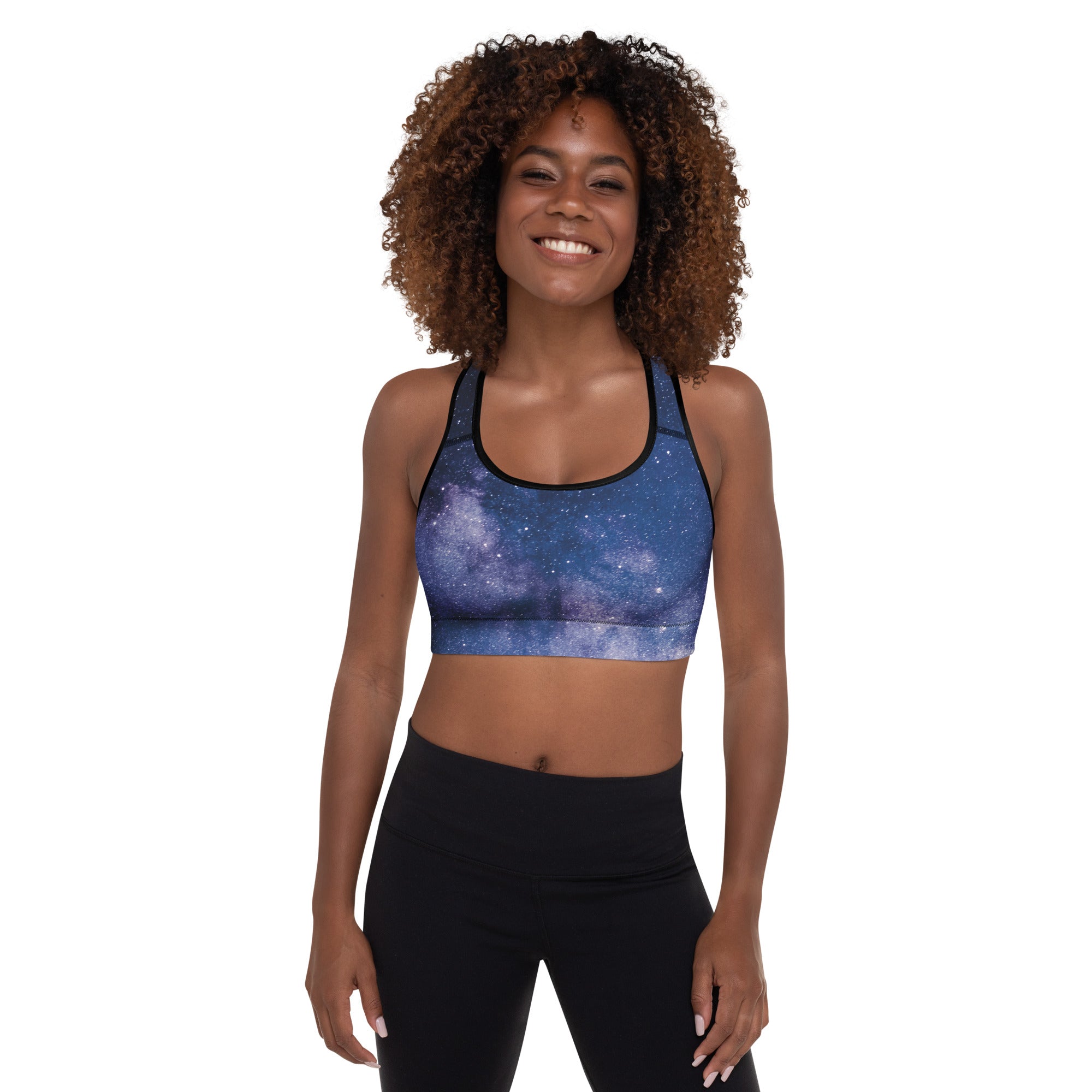 Blue galaxy-print padded sports bra with black trim buttery soft supportive and quick-dry for women