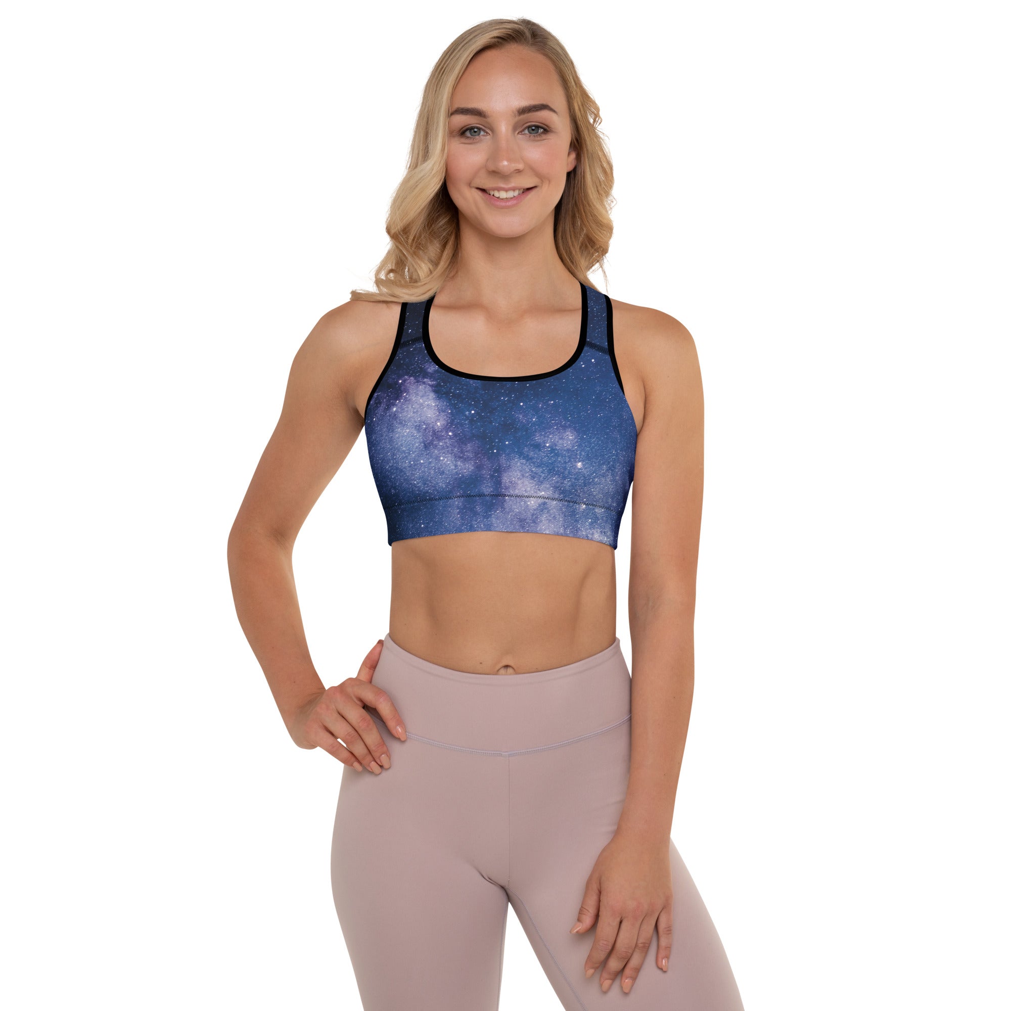 Blue galaxy print padded sports bra with black trim buttery soft supportive and quick dry for women