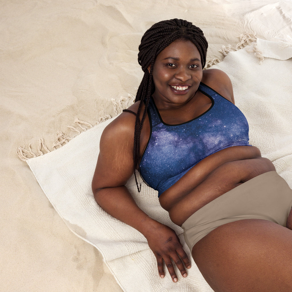 Blue galaxy-print padded sports bra with black trim buttery soft supportive and quick-dry for women
