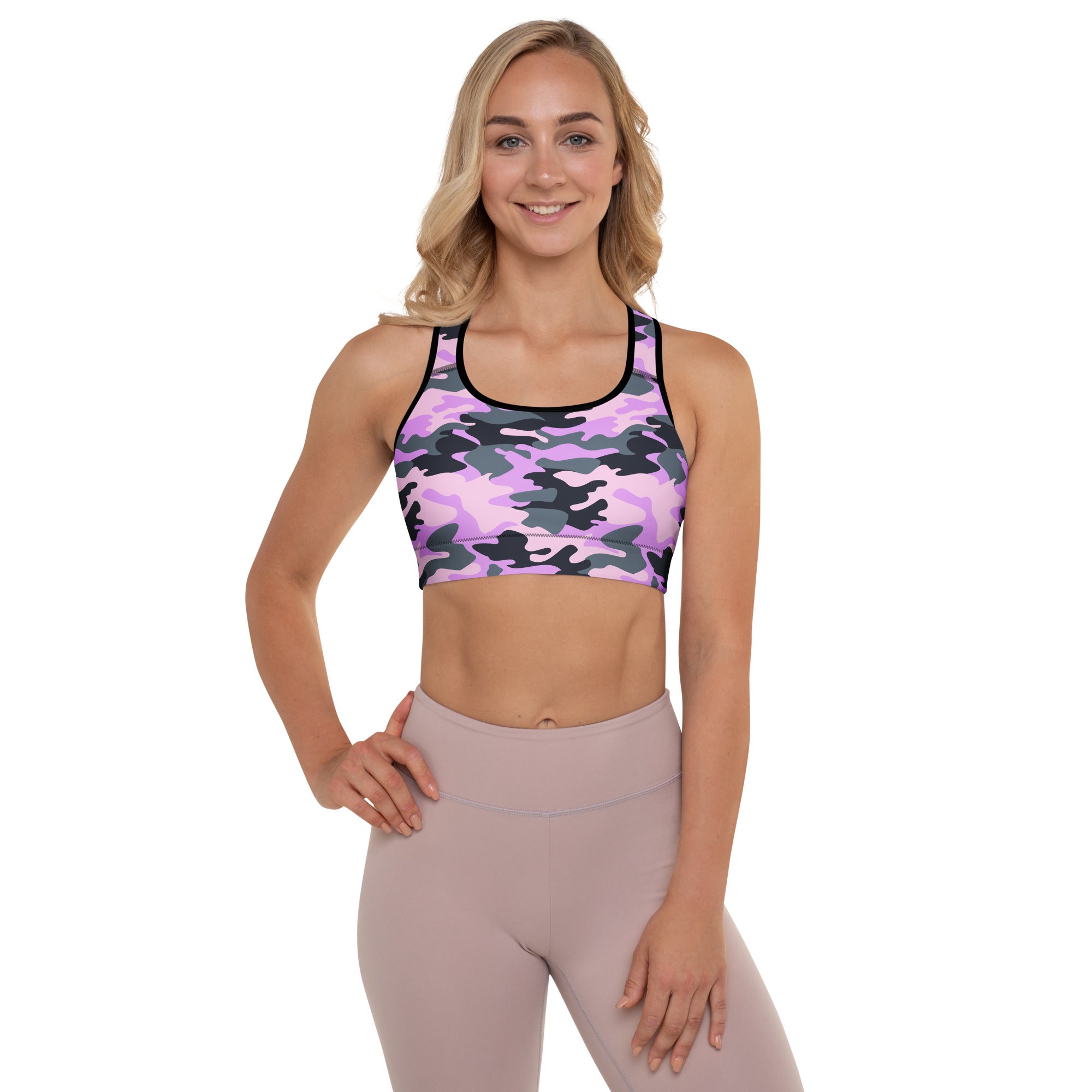 Women’s purple and black camouflage padded sports bra with black trim buttery soft supportive and quick-dry material