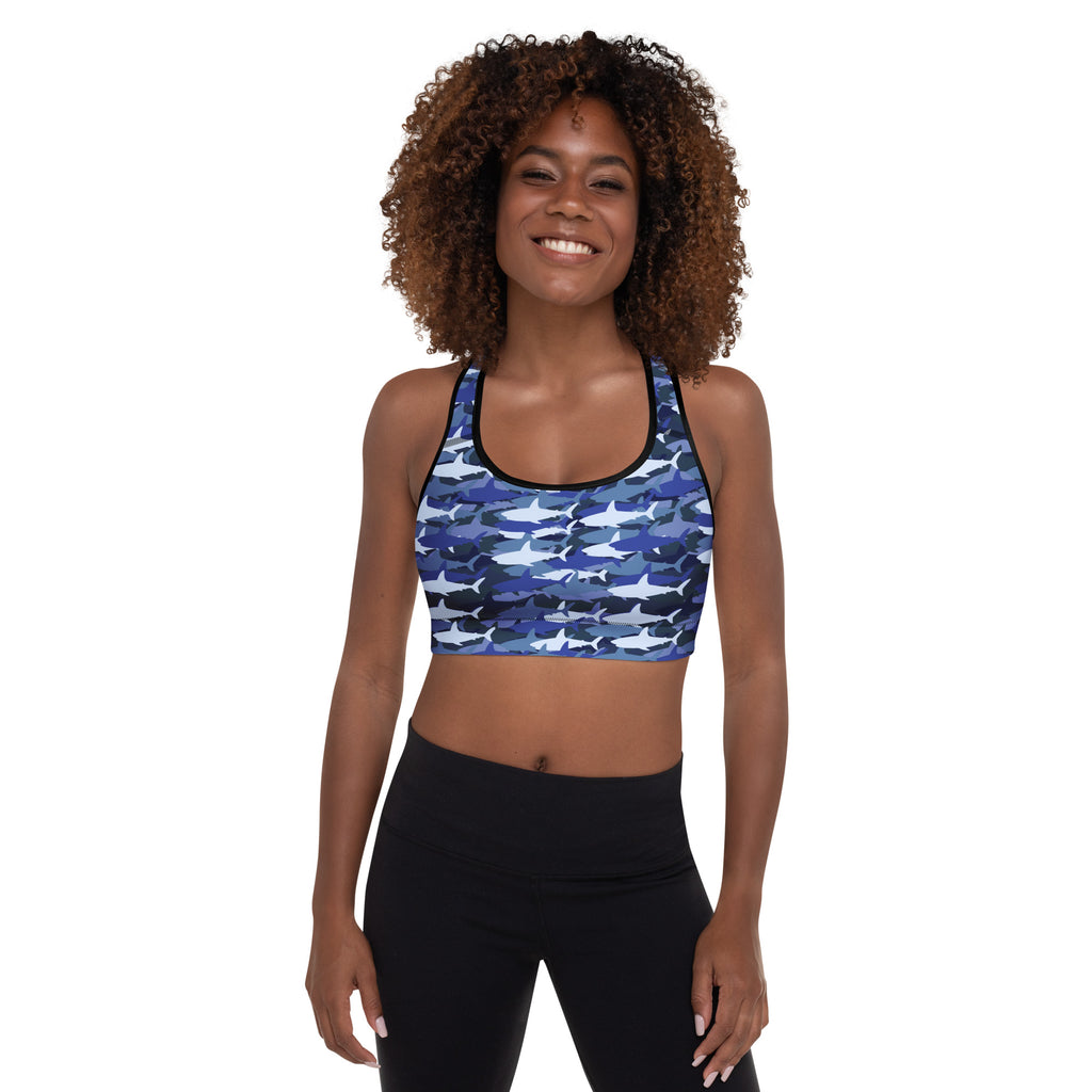 Women’s blue and white shark-patterned padded sports bra with black trim buttery soft supportive and quick dry