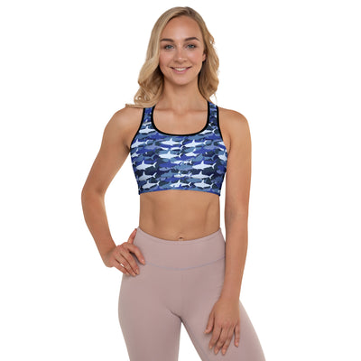 Women’s blue and white shark pattern padded sports bra with black trim buttery soft supportive quick dry material