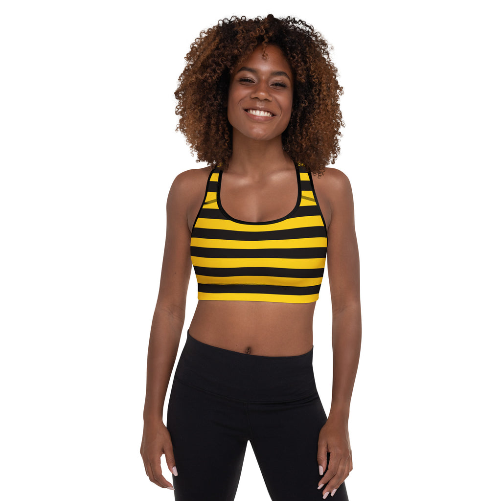 Yellow and black striped women’s bee stripes padded sports bra with racerback design, buttery soft, supportive, quick-dry