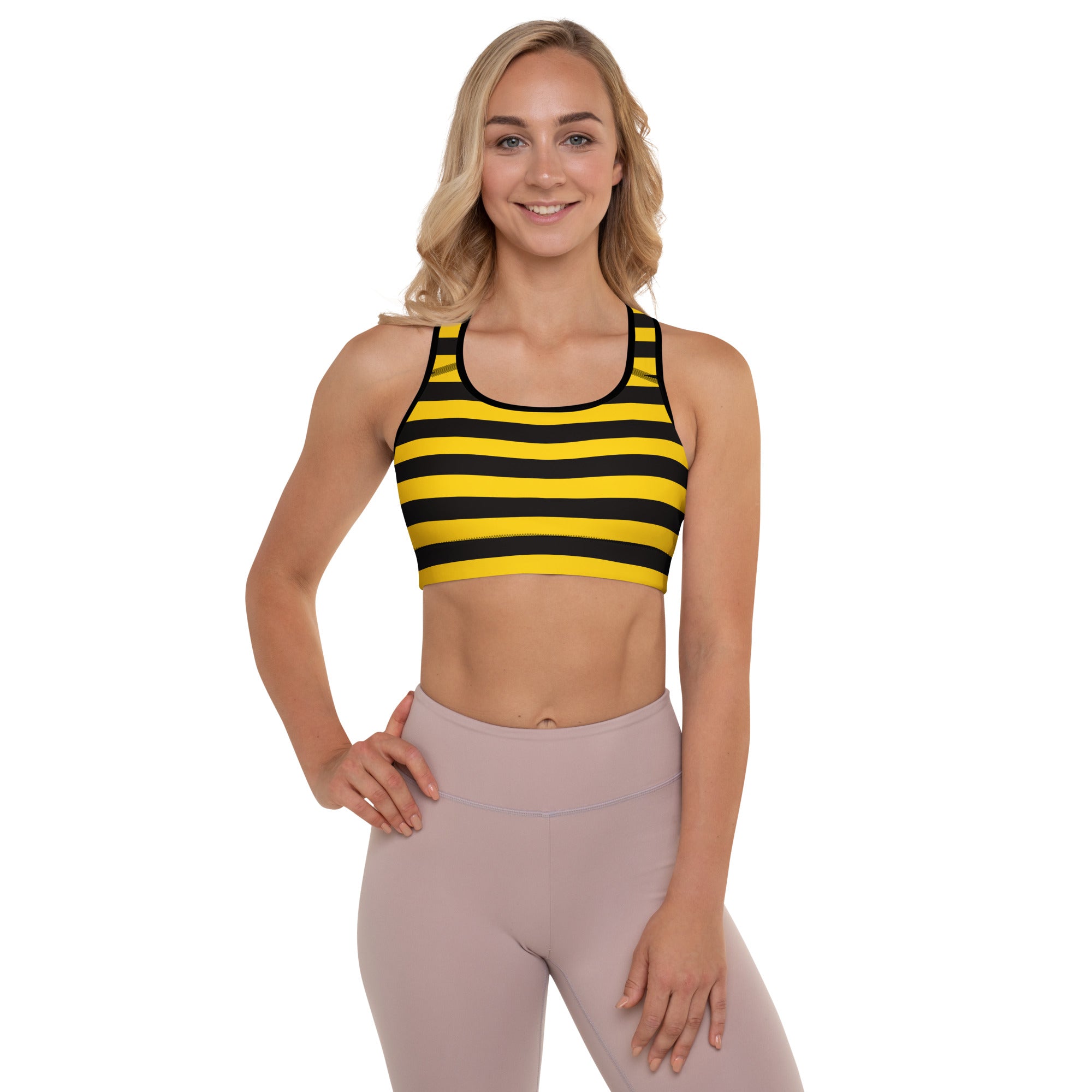 Yellow and black striped women’s bee stripes padded sports bra with racerback design buttery soft supportive and quick dry