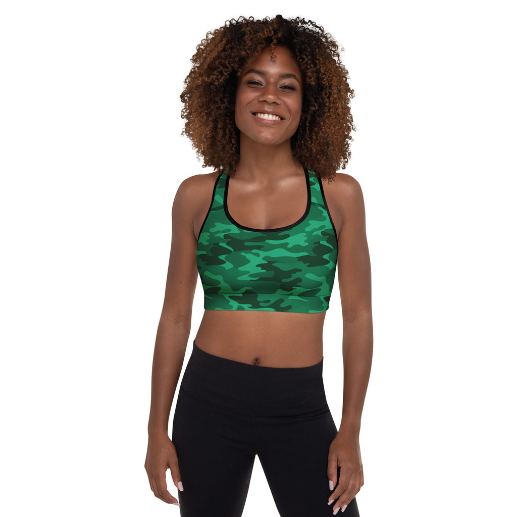 Women’s green camouflage padded sports bra with black trim buttery soft supportive and quick-dry material