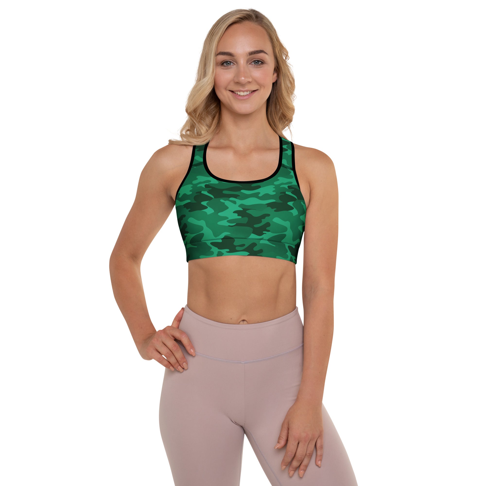 Women’s green camouflage padded sports bra with black trim buttery soft supportive and quick-dry fabric