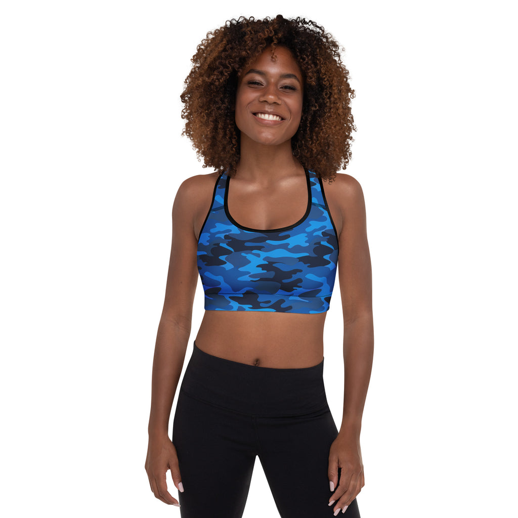 Women’s blue and black camouflage padded sports bra with black trim buttery soft supportive and quick-dry material