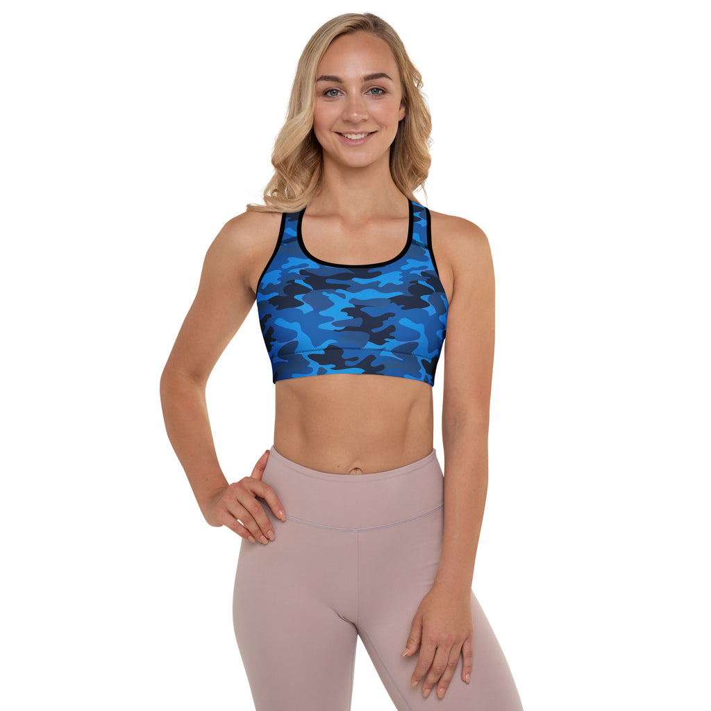 Women’s blue camouflage padded sports bra with black trim buttery soft supportive and quick-dry material