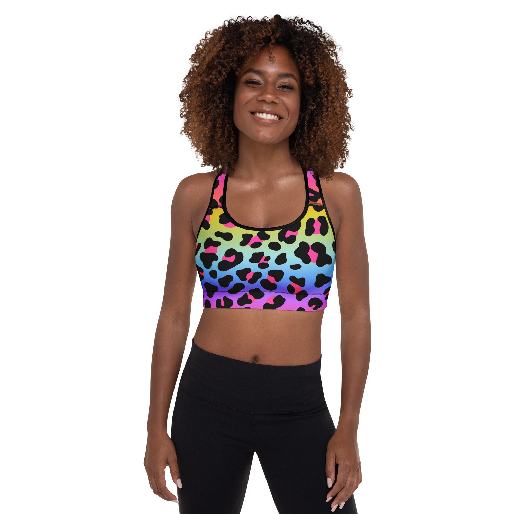Women’s vibrant rainbow leopard padded sports bra with black spots pink trim buttery soft supportive quick-dry