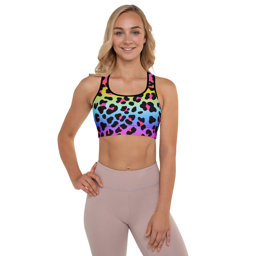 Women’s rainbow leopard padded sports bra with black outlines racerback design buttery soft supportive quick-dry