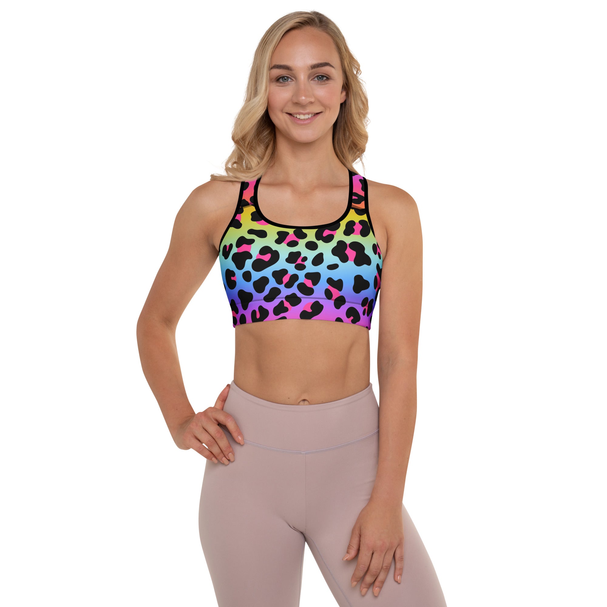 Women’s rainbow leopard padded sports bra with black outlines racerback design buttery soft supportive quick-dry