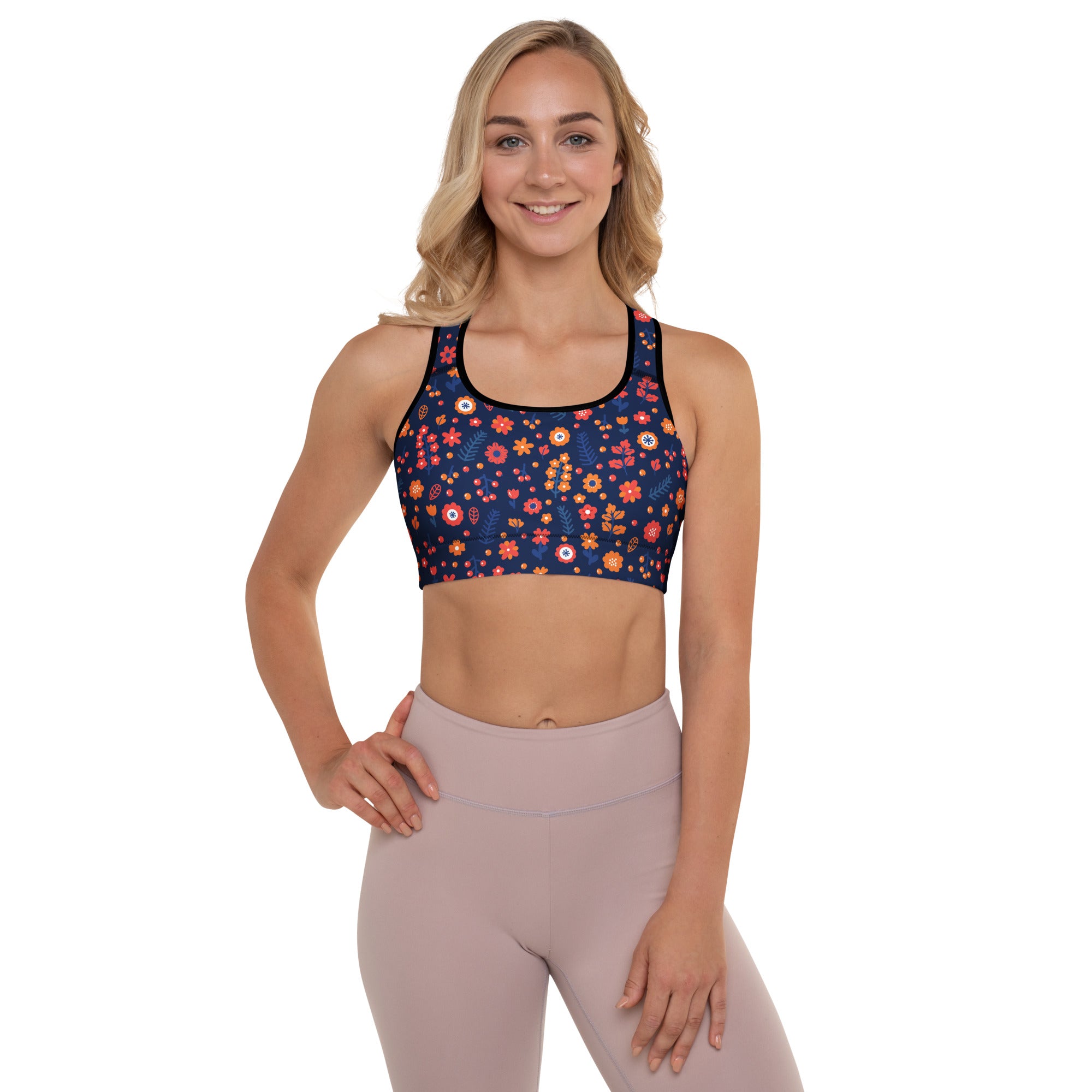 Women’s navy floral padded sports bra with black trim buttery soft supportive and quick-dry fabric