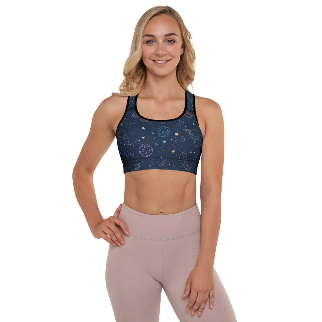 Navy blue womens padded sports bra with celestial gold and white planet star moon design buttery soft quick dry