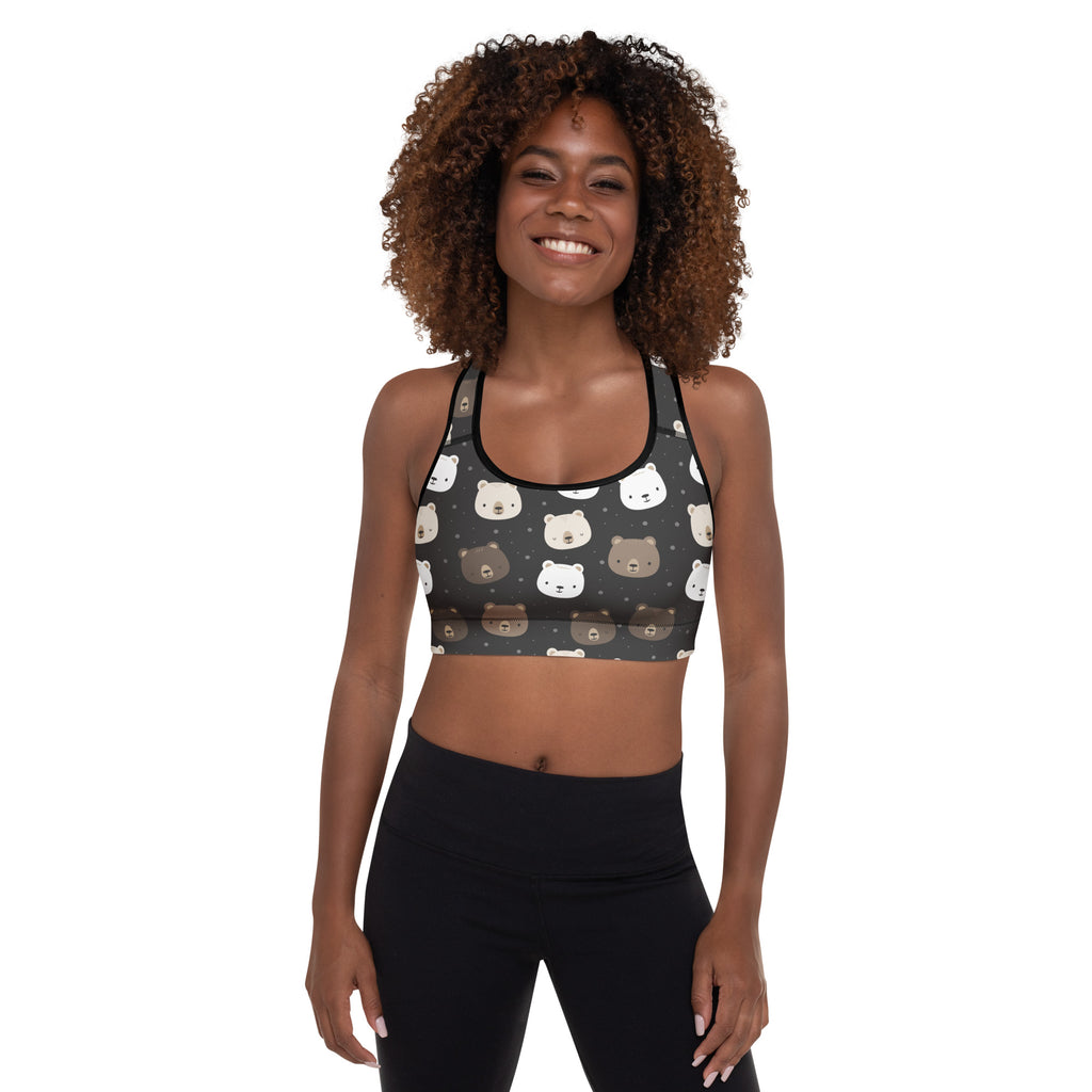 Black padded sports bra with white and brown bear faces on dark gray buttery soft quick-dry fabric