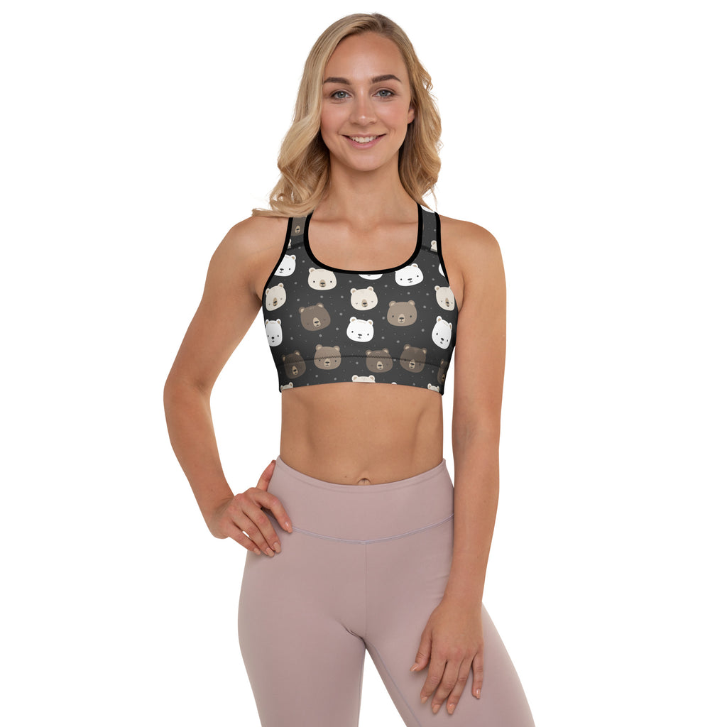 Women’s black bear print padded sports bra with playful white and brown bear faces buttery soft supportive quick-dry
