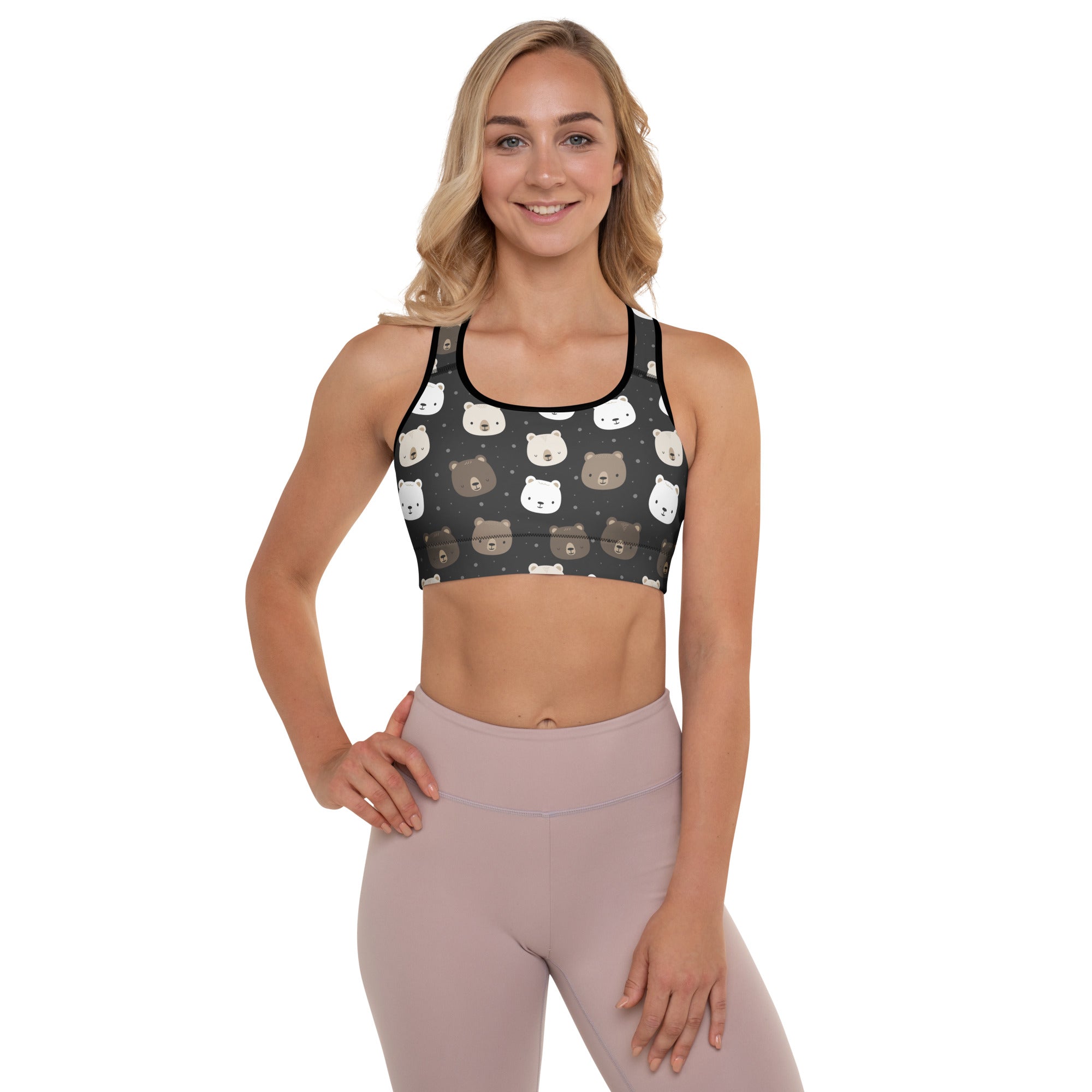 Women’s black bear print padded sports bra with playful white and brown bear faces buttery soft supportive quick-dry